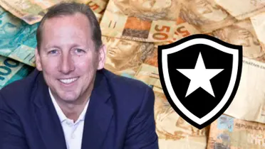 John Textor sorrindo e do lado o escudo do Botafogo