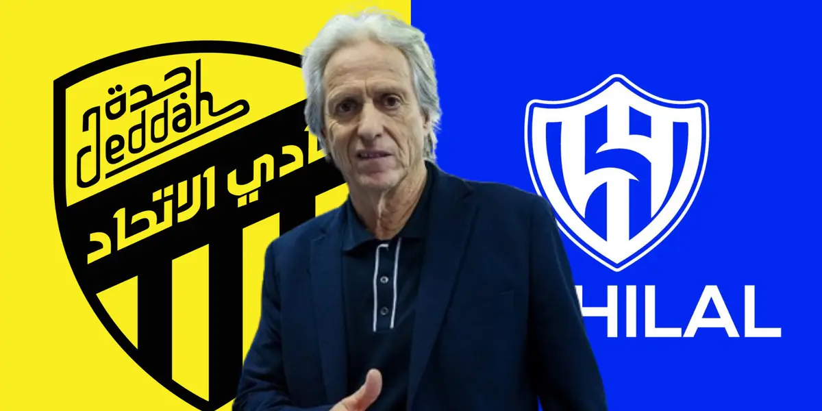 Jorge Jesus e o escudo do Al-Ittihad e do Al-Hillal