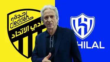 Jorge Jesus e o escudo do Al-Ittihad e do Al-Hillal