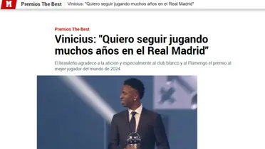 Jornal Marca repercute a premiação de Vini Jr como melhor do mundo