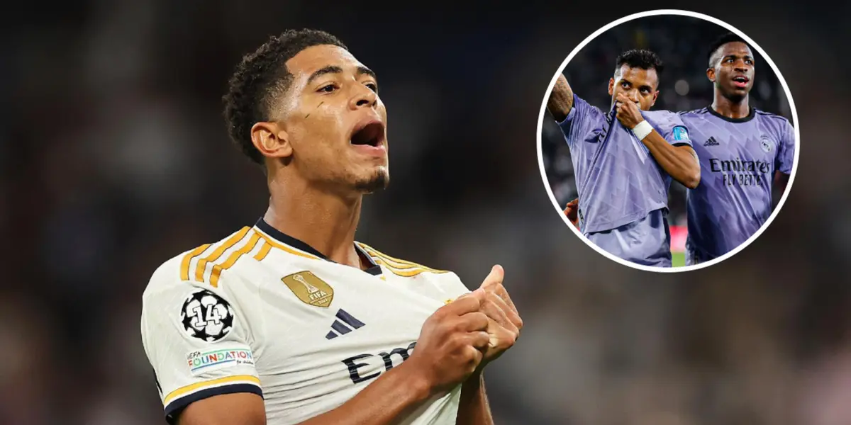Jude Bellingham comemorando no Real Madrid ao lado de Rodrygo e Vini Jr