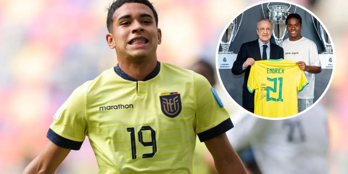 Kendry Paez jogando pelo Equador e Endrick ao lado de Florentino Pérez, presidente do Real Madrid