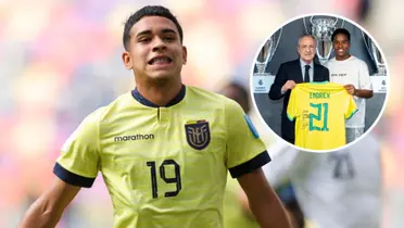 Kendry Paez jogando pelo Equador e Endrick ao lado de Florentino Pérez, presidente do Real Madrid