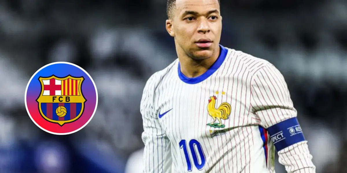 Kylian Mbappé e escudo do Barcelona