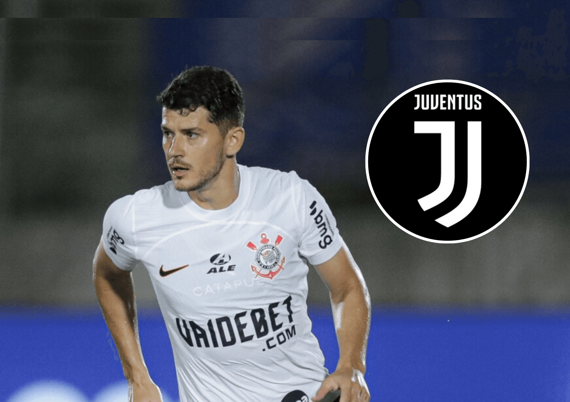 Lateral-esquerdo Hugo e ao lado o escudo da Juventus