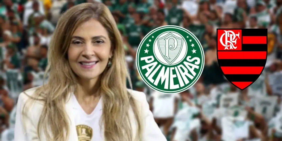 Leila Pereira sorrindo e os escudos do Palmeiras e do Flamengo