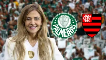 Leila Pereira sorrindo e os escudos do Palmeiras e do Flamengo