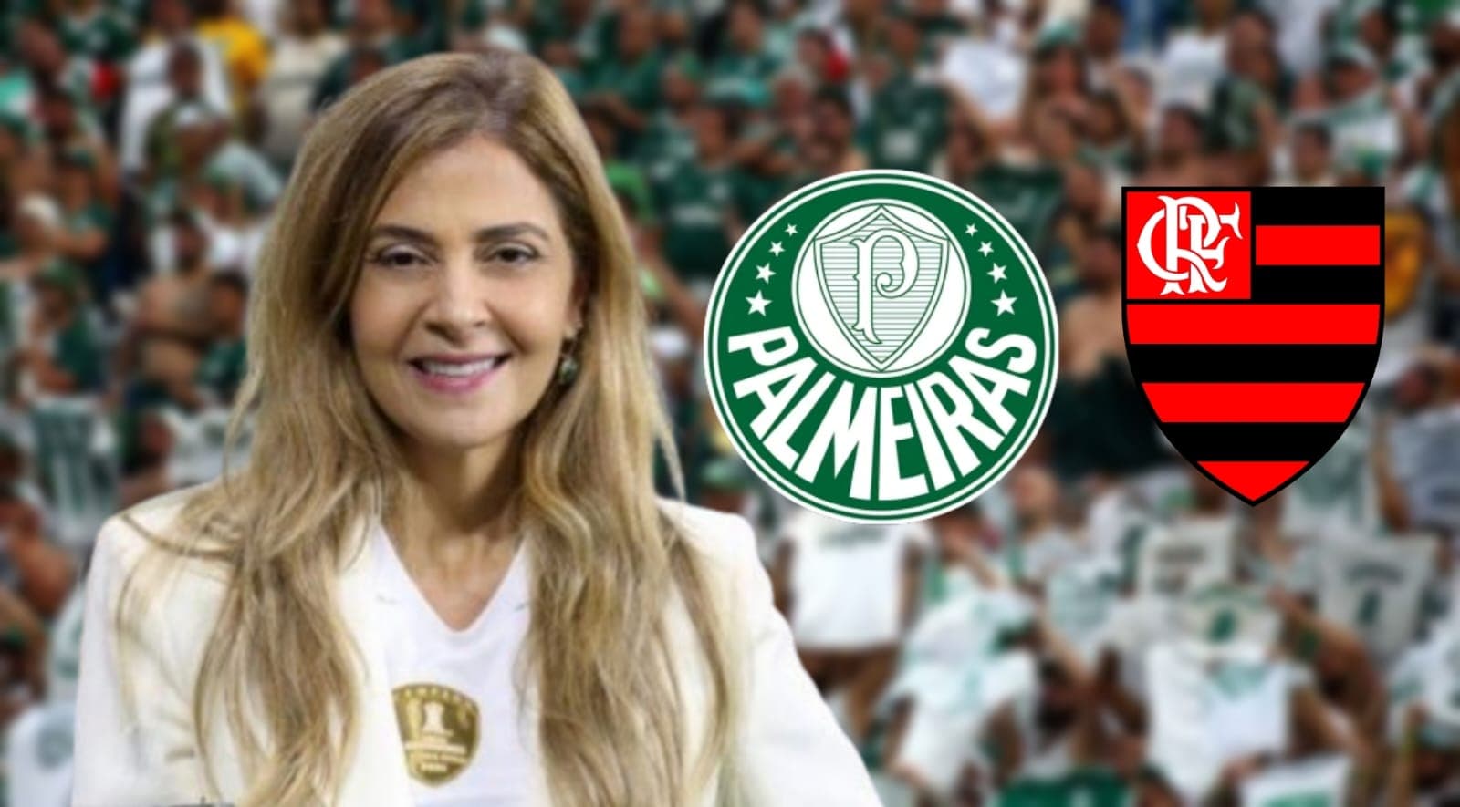 Leila Pereira sorrindo e os escudos do Palmeiras e do Flamengo