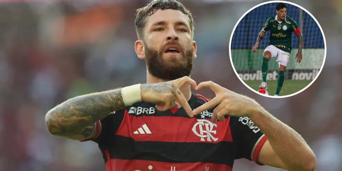 Léo Pereira comemorando pelo Flamengo e Gustavo Gómez em campo pelo Palmeiras