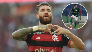 Léo Pereira comemorando pelo Flamengo e Gustavo Gómez em campo pelo Palmeiras