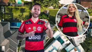 Léo Pereira e Karoline Lima com a camisa do Flamengo