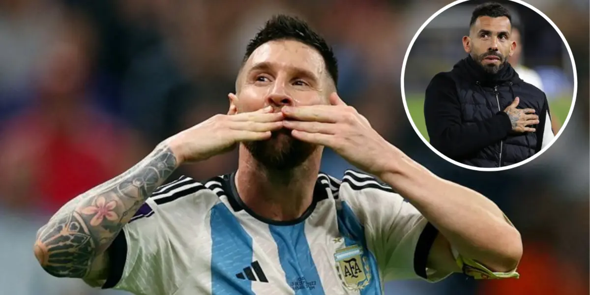 Lionel Messi comemorando pela Argentina ao lado de Tevez no Independiente 
