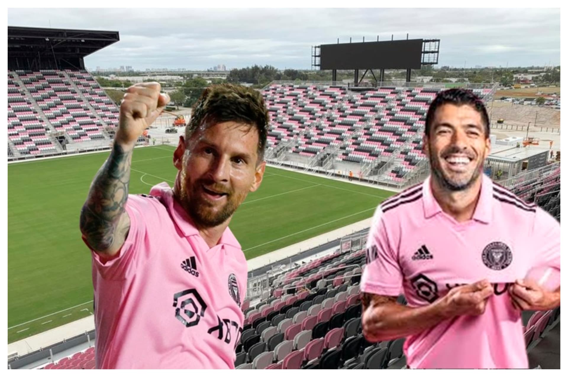 Lionel Messi e Suárez com a camisa do Inter Miami