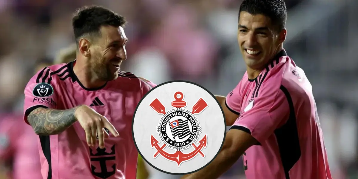 Lionel Messi, Luis Suárez e o escudo do Corinthians no meio