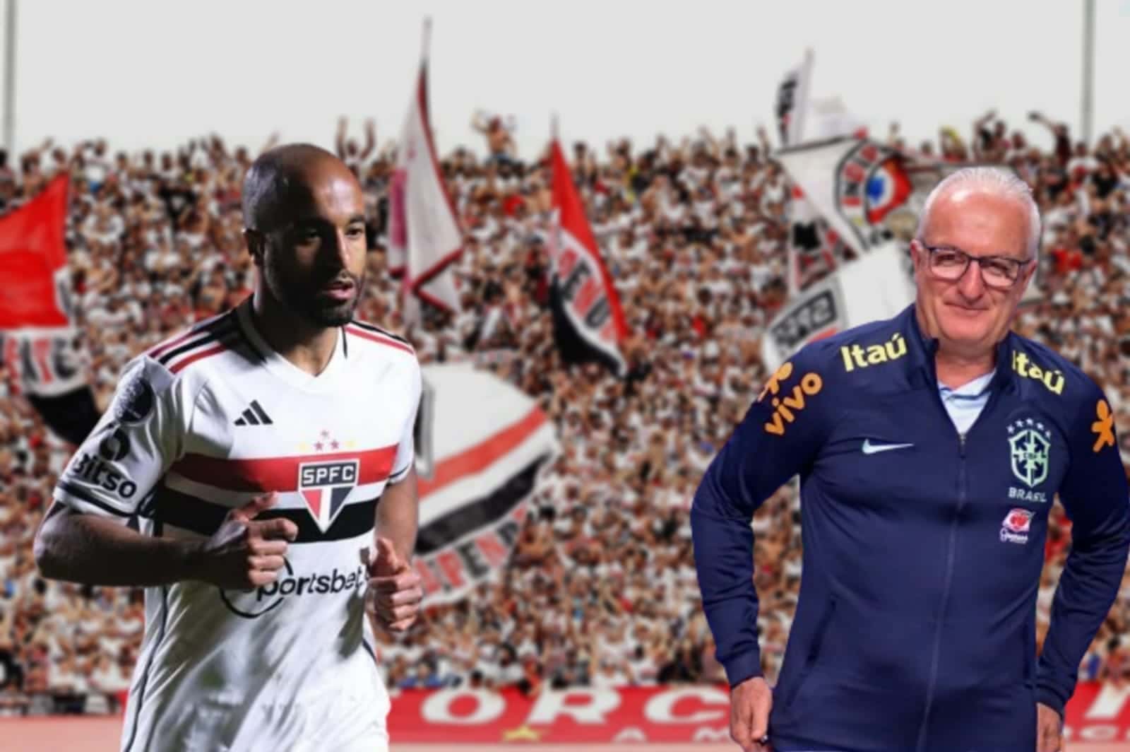 Lucas com a camisa do São Paulo e Dorival Júnior