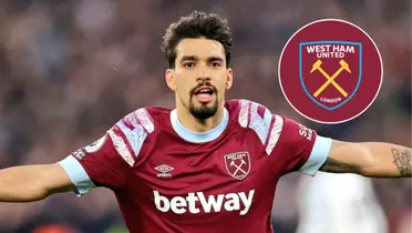 Lucas Paquetá e o escudo do West Ham ao lado
