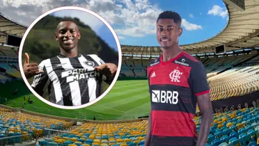 Luis Henrique com a camisa do Botafogo e Bruno Henrique no Flamengo com o Maracanã ao fundo