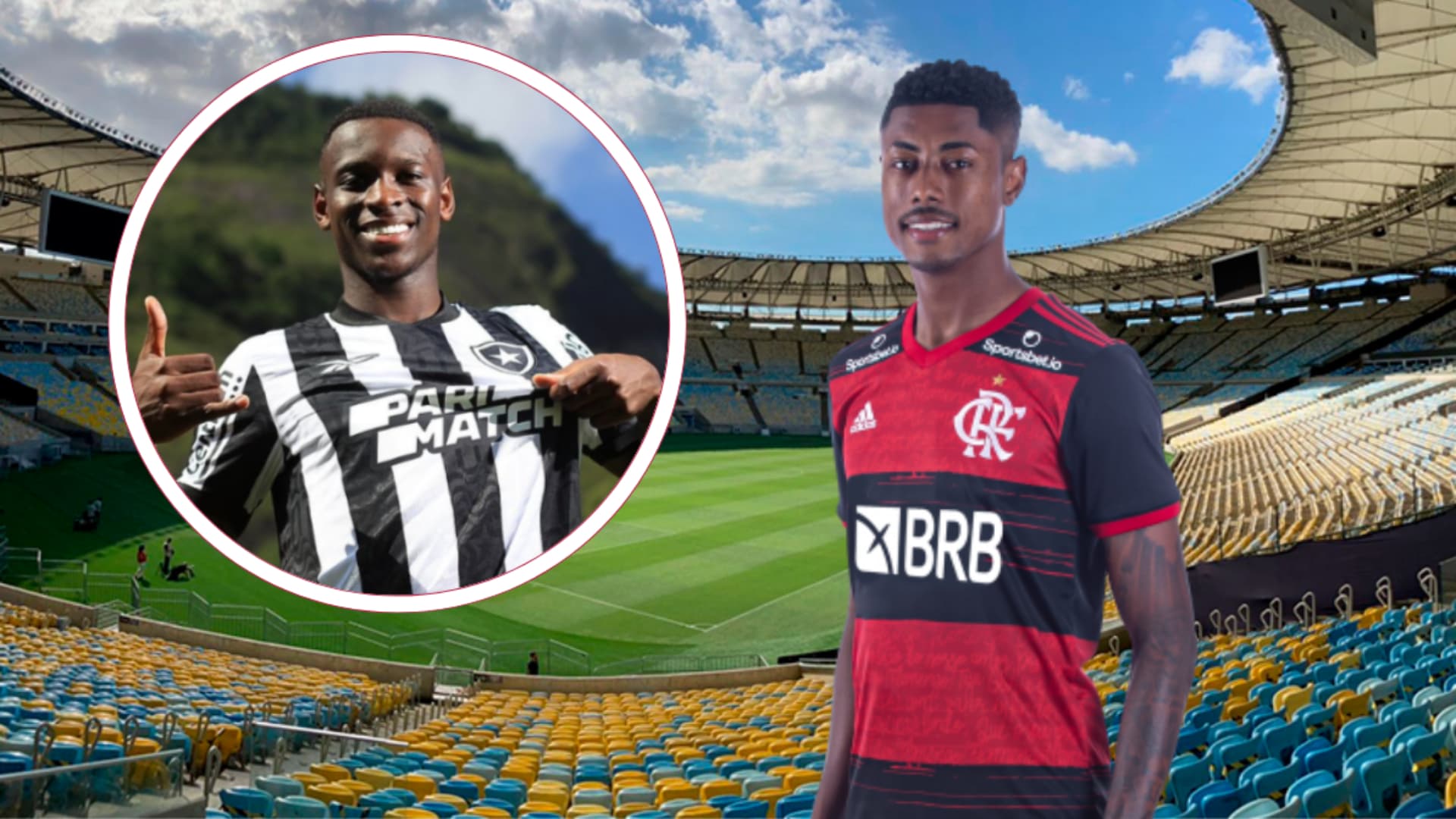 Luis Henrique com a camisa do Botafogo e Bruno Henrique no Flamengo com o Maracanã ao fundo