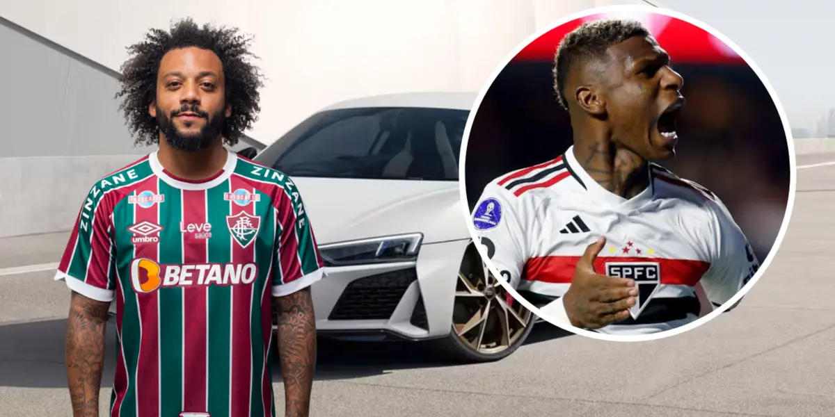 Marcelo no Fluminense e Robert Arboleda comemorando pelo São Paulo