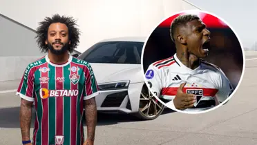 Marcelo no Fluminense e Robert Arboleda comemorando pelo São Paulo