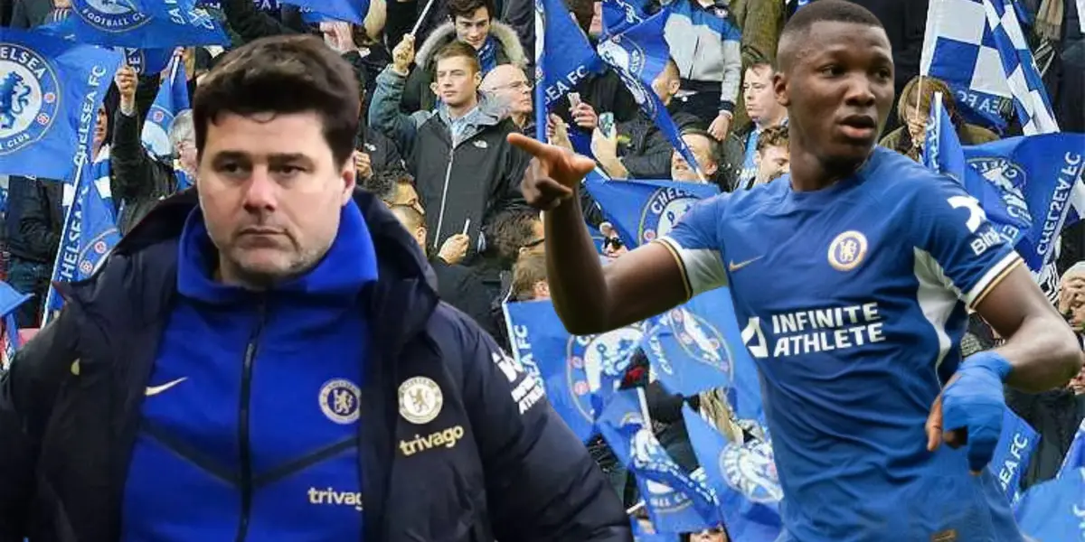 Mauricio Pochettino e Moisés Caicedo, treinador e jogador do Chelsea.