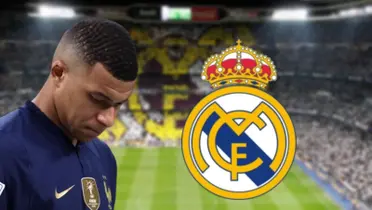 Mbappé com a camisa da Seleção Francesa e o escudo do Real Madrid