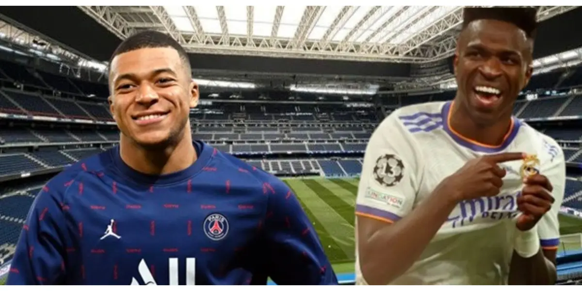 Mbappé com a camisa do PSG e Vini com a camisa do Real Madrid