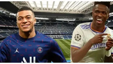 Mbappé com a camisa do PSG e Vini com a camisa do Real Madrid