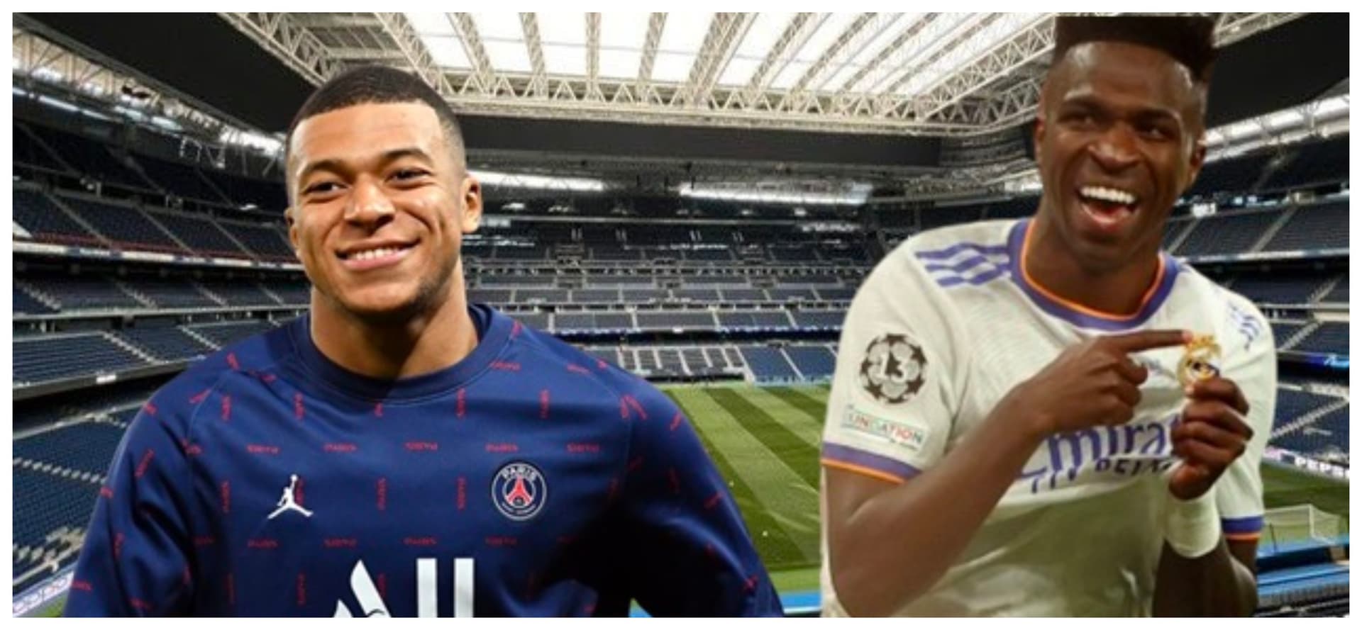 Mbappé com a camisa do PSG e Vini com a camisa do Real Madrid