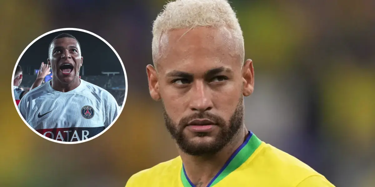 Mbappé comemorando pelo PSG e Neymar com a camisa da Seleção Brasileira