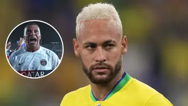 Mbappé comemorando pelo PSG e Neymar com a camisa da Seleção Brasileira