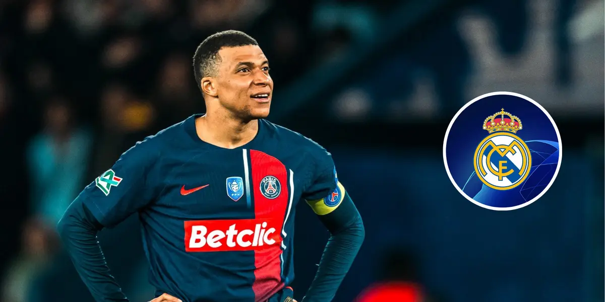 Mbappé e escudo do Real Madrid