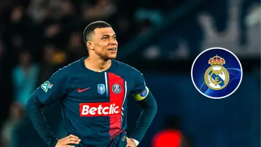 Mbappé e escudo do Real Madrid