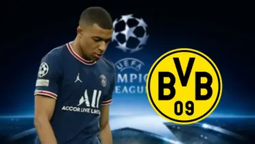 Mbappé triste com a camisa do PSG e o escudo do Borussia Dortmund