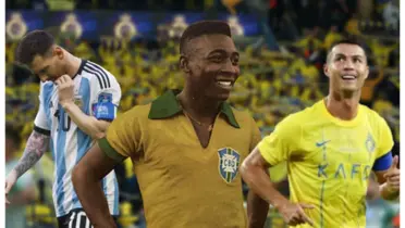 Messi com a camisa da Argentina, Pelé com a camisa do Brasil e Cristiano Ronaldo com a camisa do Al-Nassr