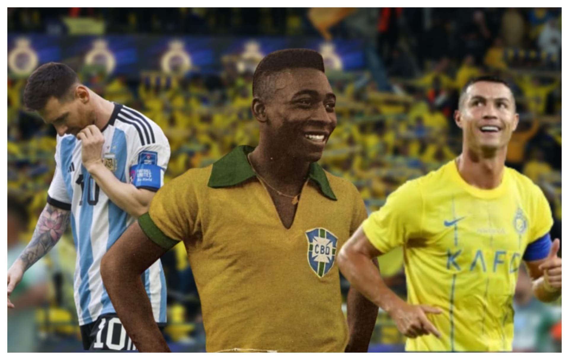 Messi com a camisa da Argentina, Pelé com a camisa do Brasil e Cristiano Ronaldo com a camisa do Al-Nassr