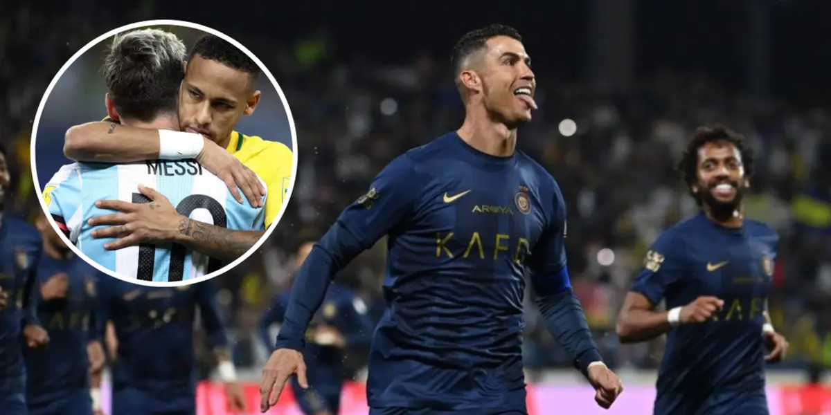 Messi e Neymar se abraçando enquanto CR7 comemora pelo Al-Nassr