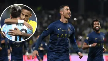 Messi e Neymar se abraçando enquanto CR7 comemora pelo Al-Nassr