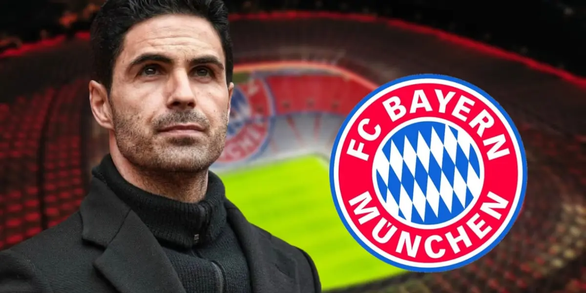 Mikel Arteta com uma camisa neutra e o escudo do Bayern de Munique