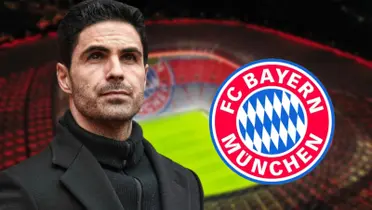 Mikel Arteta com uma camisa neutra e o escudo do Bayern de Munique