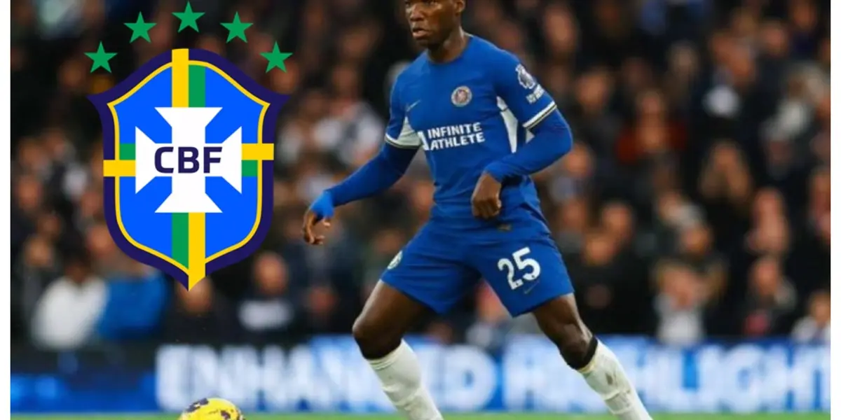 Moisés Caicedo com a camisa do Chelsea e o escudo da CBF