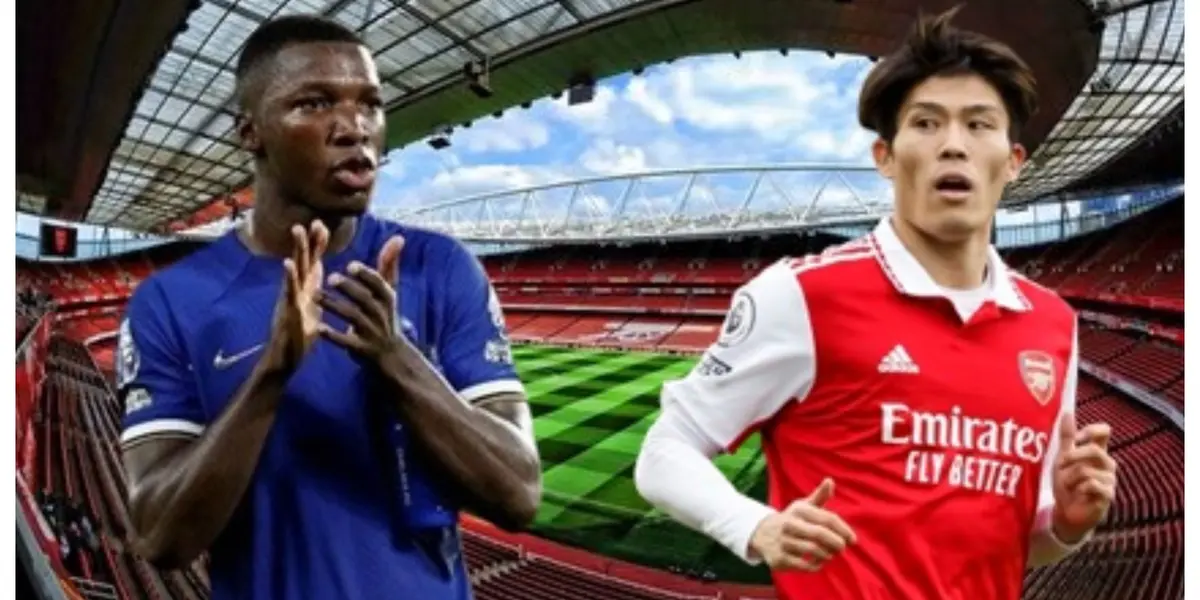 Moisés Caicedo com a camisa do Chelsea e Tomiaysu com a camisa do Arsenal