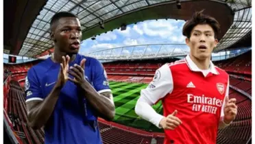 Moisés Caicedo com a camisa do Chelsea e Tomiaysu com a camisa do Arsenal
