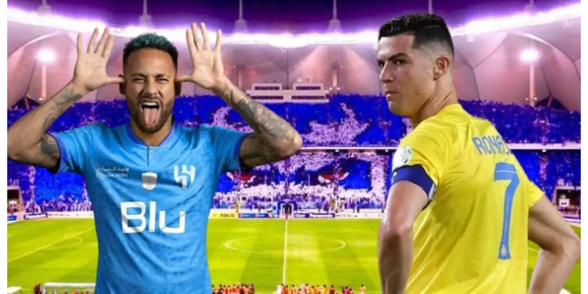 Neymar com a camisa do Al-Hilal e Cristiano Ronaldo com a camisa do Al-Nassr
