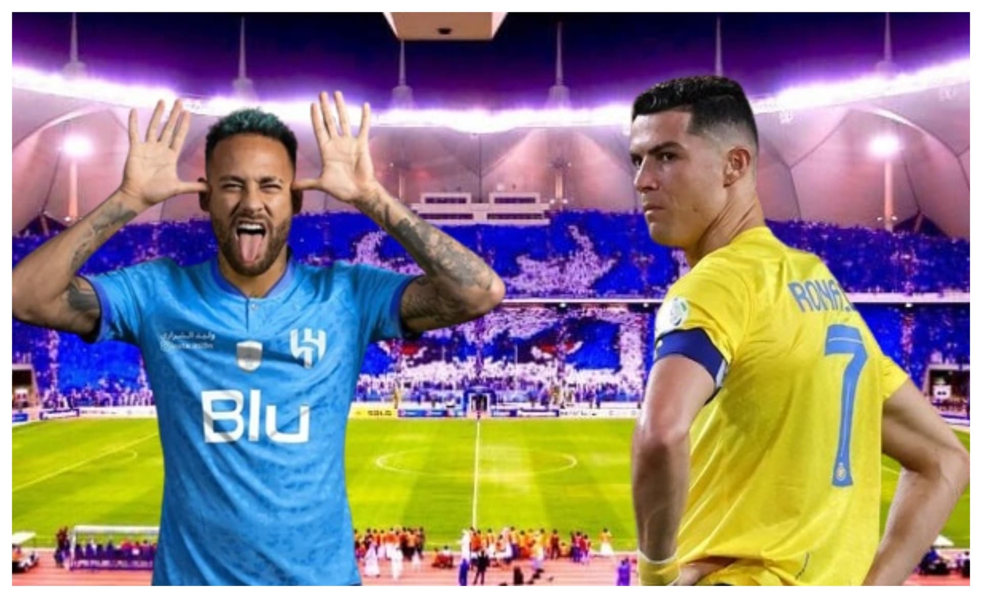 Neymar com a camisa do Al-Hilal e Cristiano Ronaldo com a camisa do Al-Nassr
