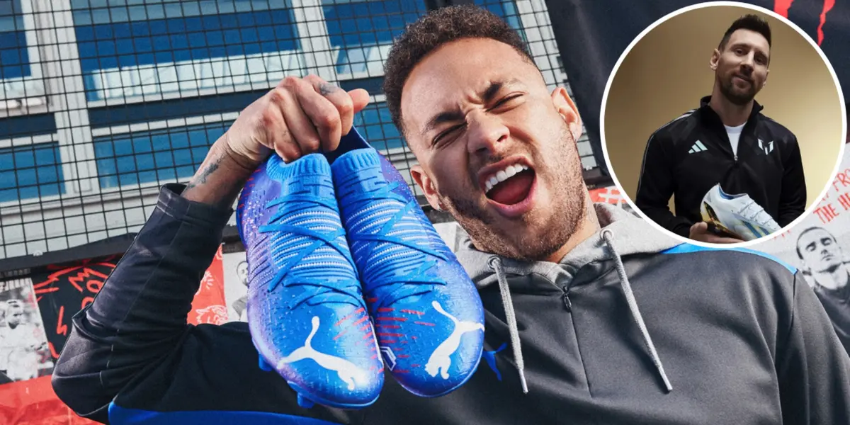 Neymar com a roupa da Puma e Lionel Messi com sua chuteira da Adidas