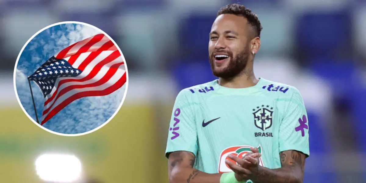 Neymar durante treinamento da Seleção Brasileira ao lado da bandeira dos EUA