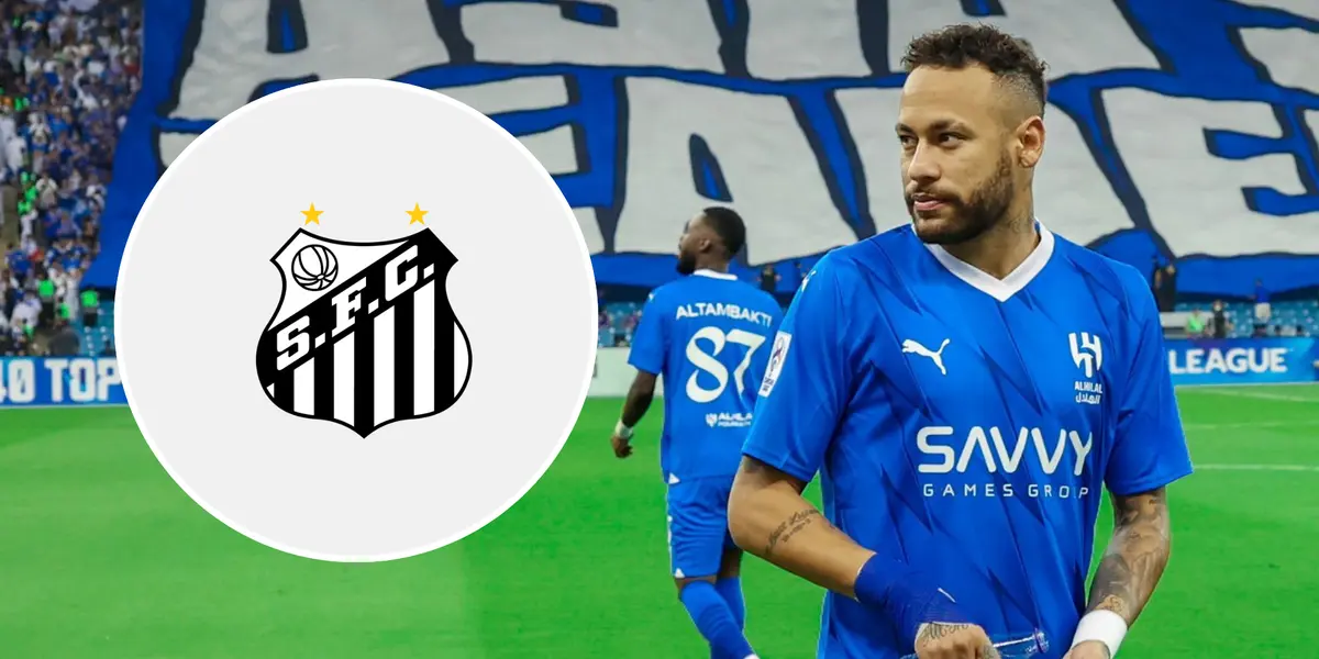 Neymar em campo pelo Al-Hilal e ao lado o escudo do Santos