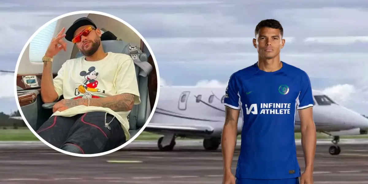 Neymar em seu jatinho ao lado de Thiago Silva com a camisa do Chelsea