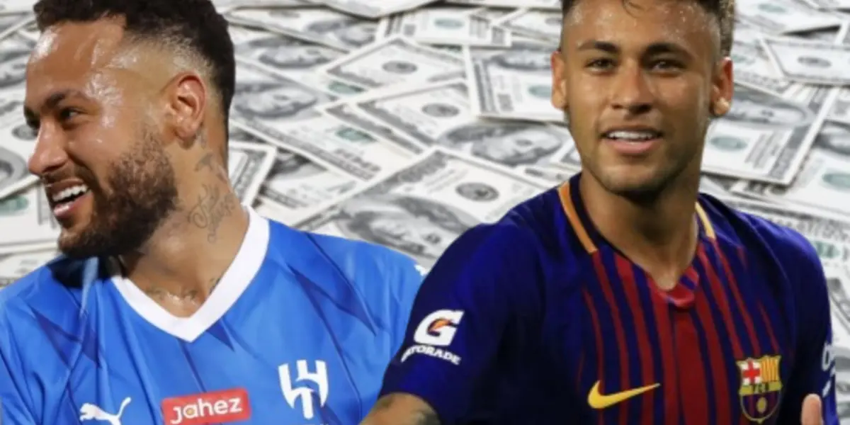 Neymar Júnior com a camisa do Al-Hilal e do Barcelona com dinheiro ao fundo.